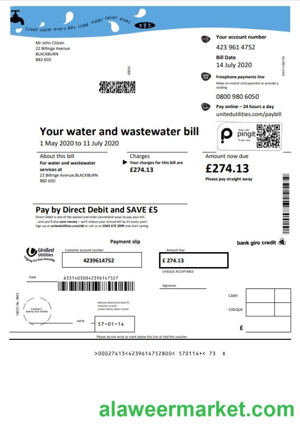 United Kingdom United Utilities water utility bill template in Word and PDF format